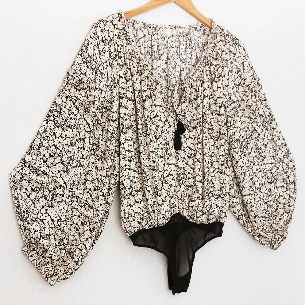 Free People FP Intimately All Tucks Printed Bodysuit XS Long Balloon Sleeves $78